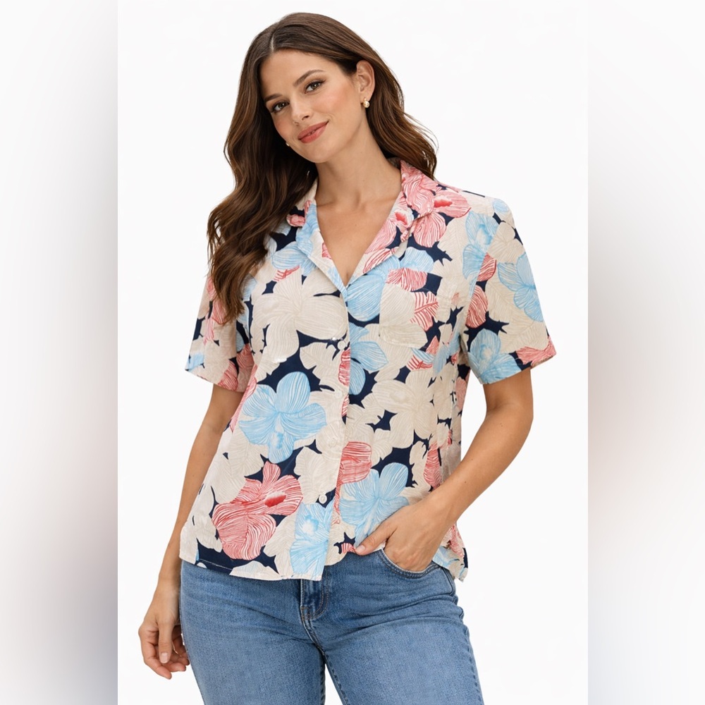 Y2K Erika Floral Button Up Blouse | Retro Short Sleeve Collared Top